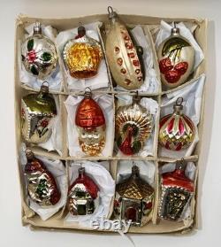 12 Boxed Vintage Pre-WW2 Mercury Glass Christmas Figural Ornaments Bauble German