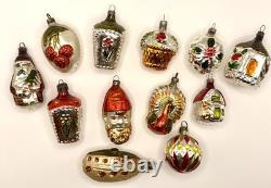 12 Boxed Vintage Pre-WW2 Mercury Glass Christmas Figural Ornaments Bauble German
