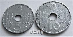 1940 Ww2 Set Of 2 Nazi Original Military German Coin 5,10 Reichskreditkassen