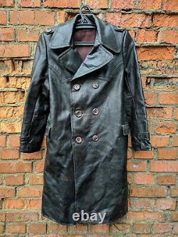 1940's German Leather Coat Vintage Motorcycle Military Black Overcoat WW2
