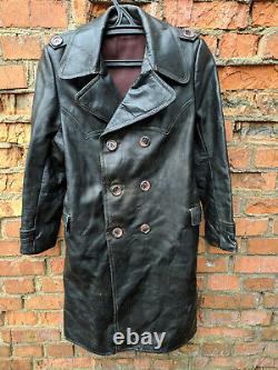 1940's German Leather Coat Vintage Motorcycle Military Black Overcoat WW2