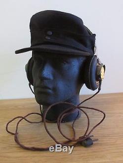 German WW2 Wehrmacht O/R M43 Panzer cap replica and original Dfh. F headphone set
