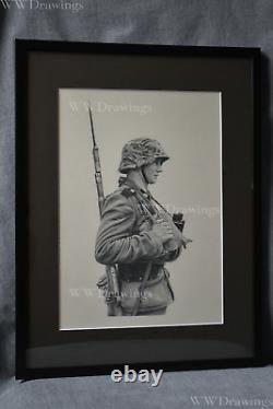 Hand Pencil Drawing Art Picture. German SS Totenkopf soldier. WW2