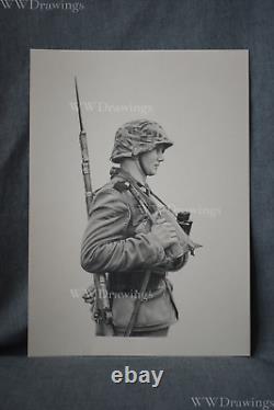 Hand Pencil Drawing Art Picture. German SS Totenkopf soldier. WW2