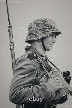 Hand Pencil Drawing Art Picture. German SS Totenkopf soldier. WW2