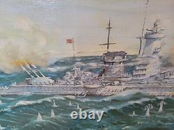 Large ORIGINAL German Kriegsmarine Veteran WW2 Oil Painting Battle 1956 Navy