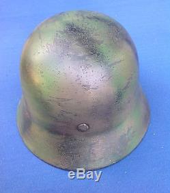 Original Ww2 Camouflaged German Normandy Helmet With Liner & Chin Strap, Named