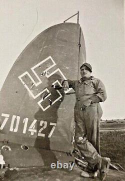 ORIGINAL- WW2 US ARMY SOLDIER POSES on DOWNED GERMAN HEINKEL He 111 BOMBER PHOTO