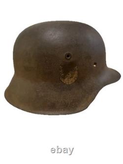 ORIGINAL Waffen-SS WW2 GERMAN M42 STEEL HELMET Normandy Barn Find Battle Damage