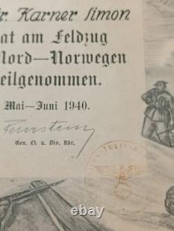 Original 1940 GRUPPE FEURSTEIN German Award Notice For OPERATION BÜFFEL NORWAY