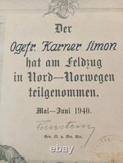 Original 1940 GRUPPE FEURSTEIN German Award Notice For OPERATION BÜFFEL NORWAY