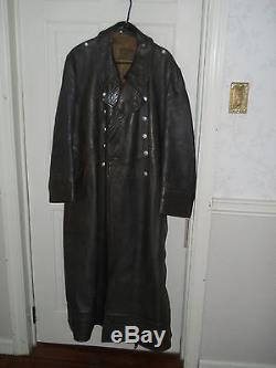 Original German WWII leather greatcoat, marked Tschache + Co. Dresden, size 42