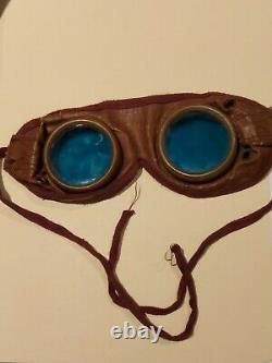 Original WW2 German Aviation BLUE Lens Leather Goggles. Scarce Item. Steampunk