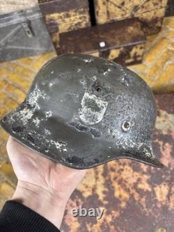 Original WWII German M40 Helmet Shell Winter Camo Right Side Decal Shield Relic