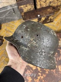 Original WWII German M40 Helmet Shell Winter Camo Right Side Decal Shield Relic