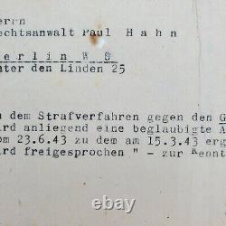 Original WWII WW2 German pilot Luftwaffe document Berlin 1943 acquittal court
