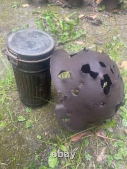 Original Ww2 German Bad Day M42 Helmet + Helmet Holder (gasmask Canister)