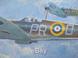 Original Ww2 Wwii Military Aviation Art Painting Spitfires Vs German Bombers