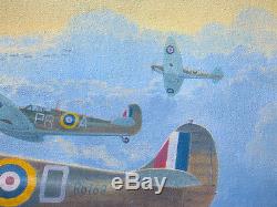 Original Ww2 Wwii Military Aviation Art Painting Spitfires Vs German Bombers