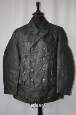 Vtg German grey heavy leather 3/4 coat jacket M revival U boat WW2