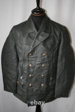 Vtg German grey heavy leather 3/4 coat jacket M revival U boat WW2