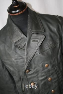 Vtg German grey heavy leather 3/4 coat jacket M revival U boat WW2