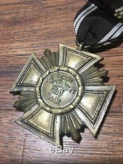 WW2 German Original 10 Year Service Rare Bronze Cross With Ribbon. Stamped 10
