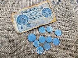 WW2 ORIGINAL German SOLDIER'S COINS PAPER MONEY REICHSMARK RELIC from KURLAND