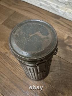 WW2 Original German Luftwaffe mask container, tin, blue paint, name, dated