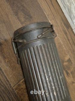 WW2 Original German Luftwaffe mask container, tin, blue paint, name, dated