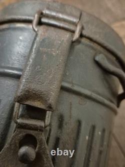 WW2 Original German Luftwaffe mask container, tin, blue paint, name, dated