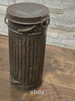 WW2 Original German Luftwaffe mask container, tin, blue paint, name, dated