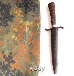 WWII ORIGINAL GERMAN BOOT KNIFE withELK HORN PATTERN WOODEN HANDLE