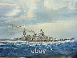 Wwii Painting German Battleship Scharnhorst Large Signed