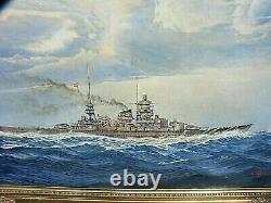 Wwii Painting German Battleship Scharnhorst Large Signed