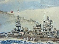 Wwii Painting German Battleship Scharnhorst Large Signed